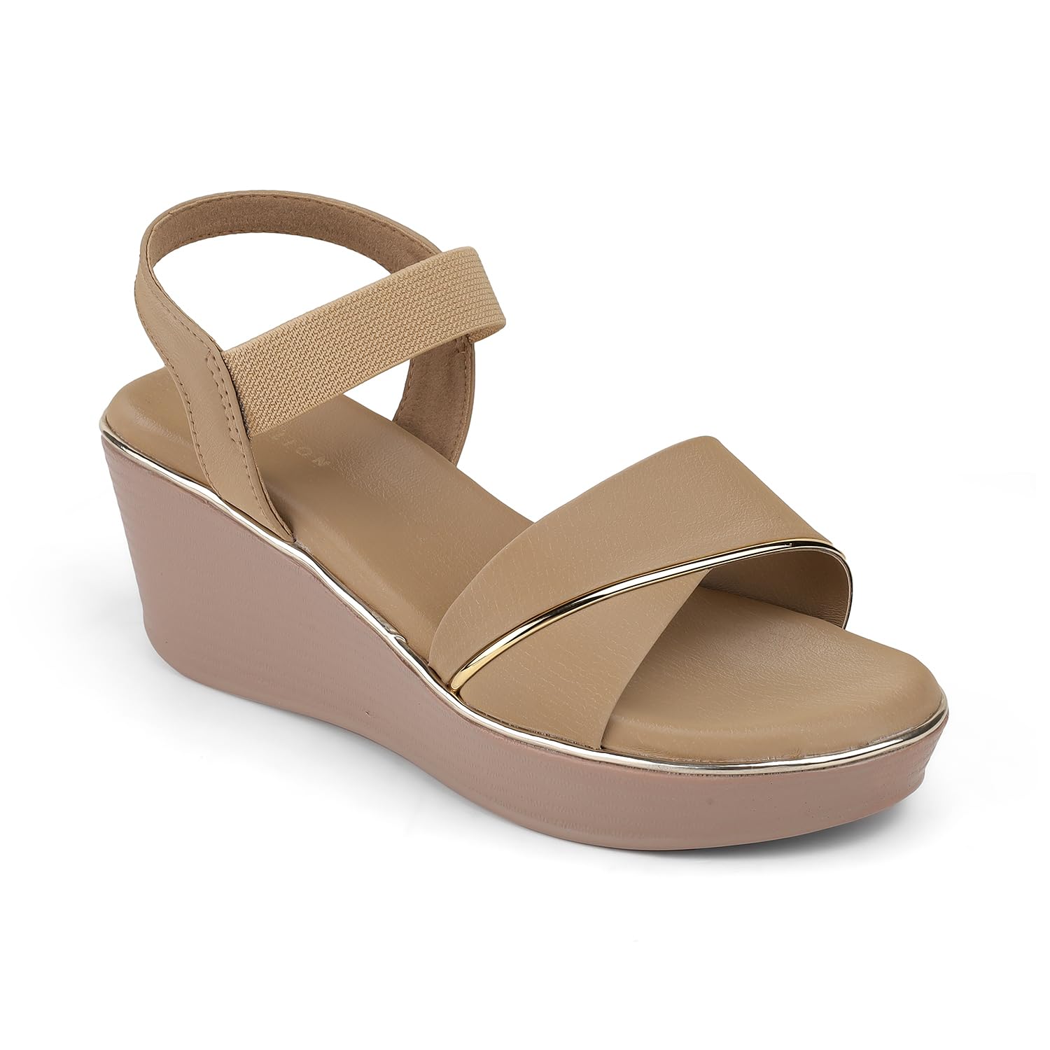 women’s beige sandals – comfortable platform elastic strap open toe summer sandals with gold accent – casual dressy office everyday wedges for women