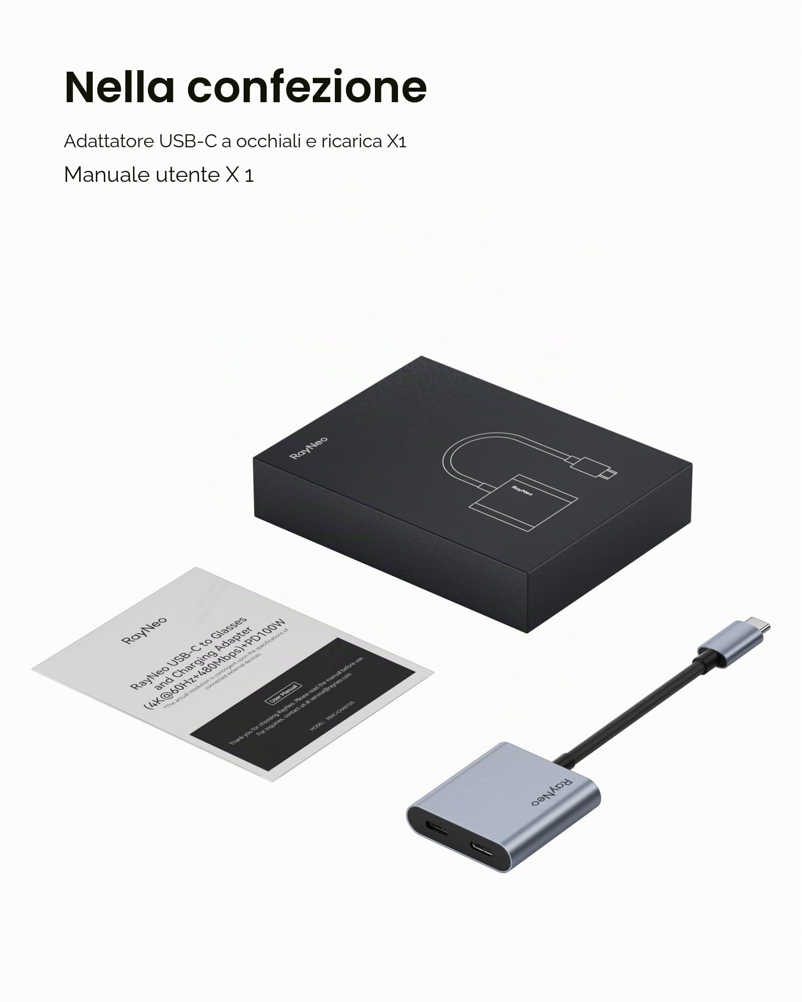RayNeo Adattatore di ricarica da USB-C a occhiali, ricarica e riproduzione, compatibile con Switch 2, ROG Ally, PS4/5, Xbox, Mac mini, laptop, supporta la ricarica PD da 100 W e compatibile con 4K a