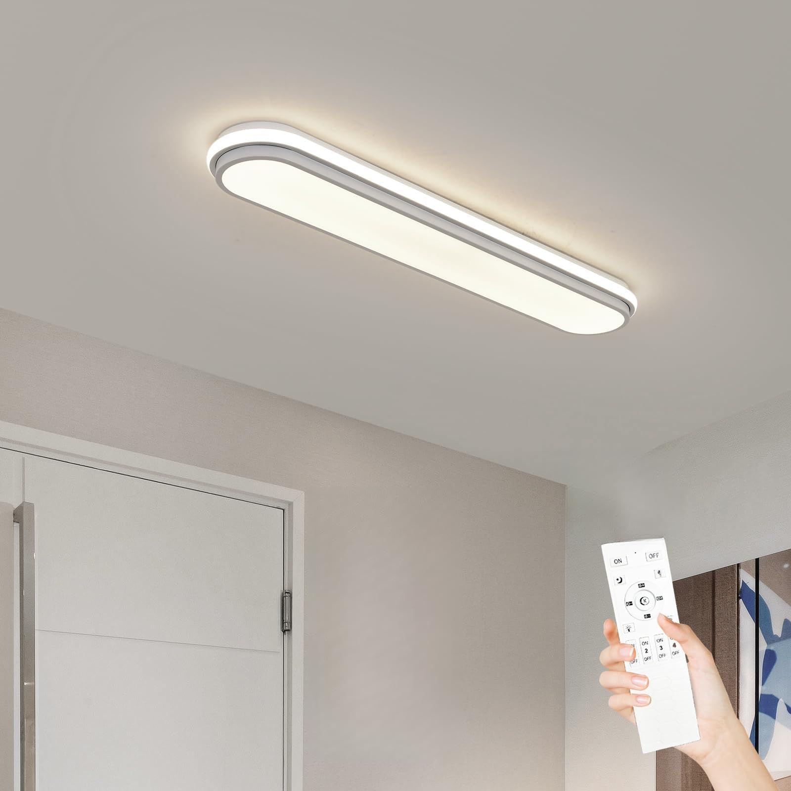 Naroume 72cm Smart LED Ceiling Light, Dimmable Modern Metal Linear Flush Mount with Remote Control, Wraparound Lighting Fixture for Kitchen Dining Room Laundry (3-38) x2W