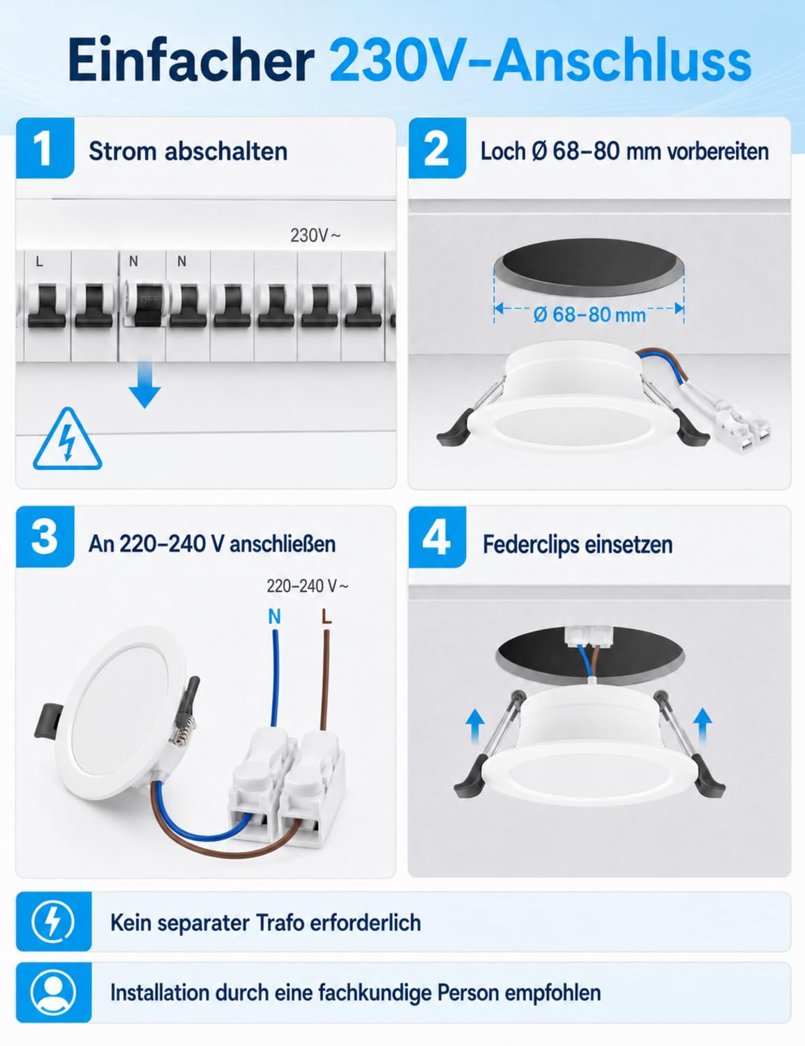 20er LED Einbaustrahler 230V Neutralweiß, 68-80mm Lochmaß