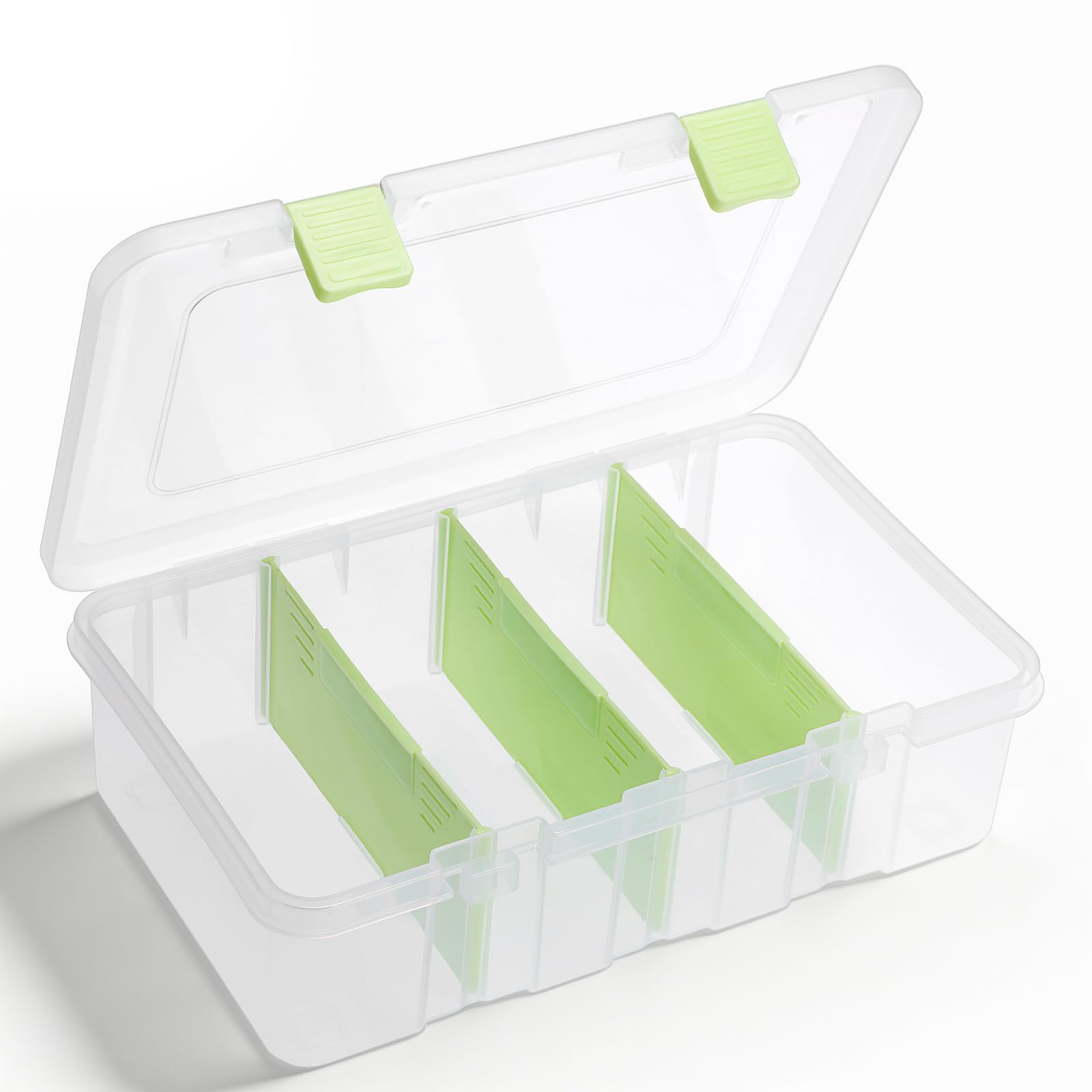 BSTKEY Plastic Storage Container with 3 Detachable Dividers, Clear Green