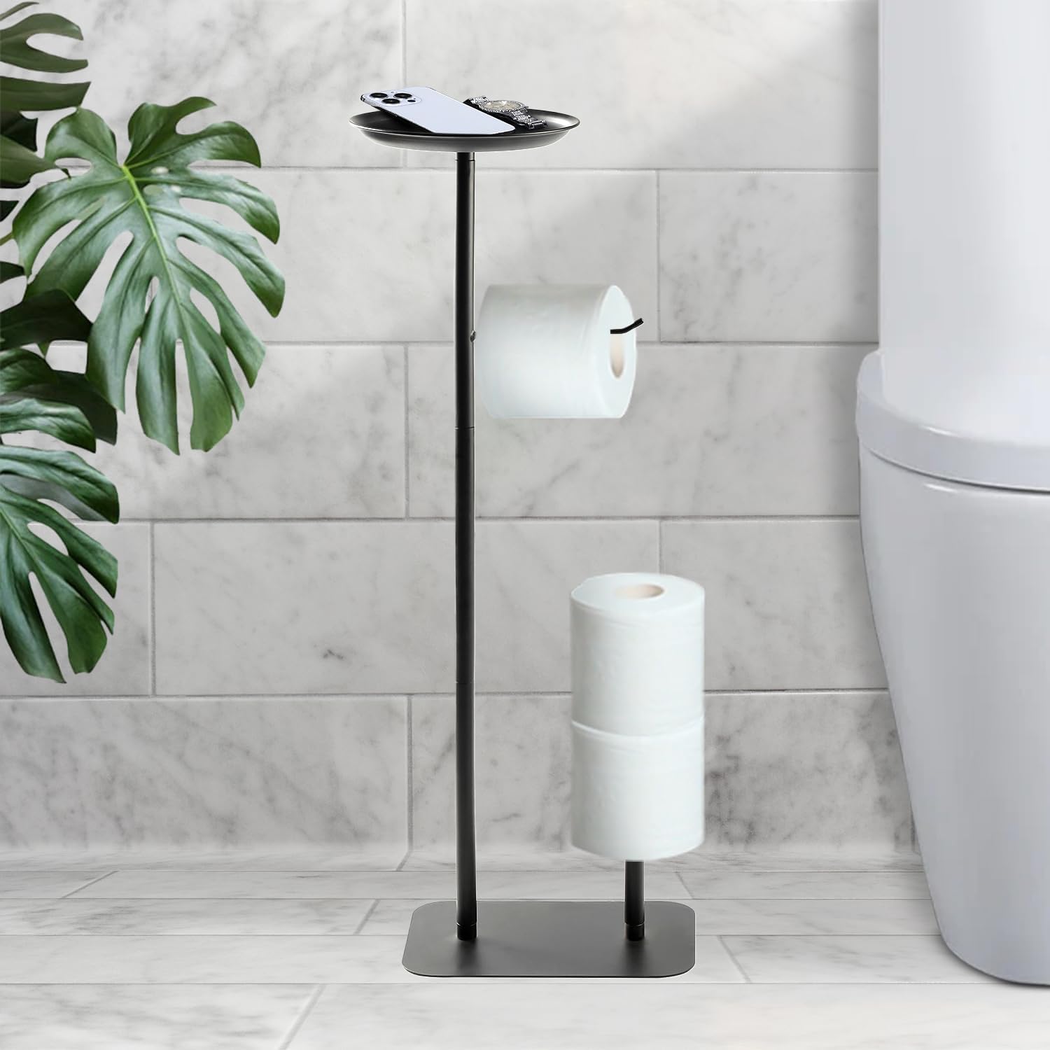 Toilet Paper Holder Stand – 2.4 Lbs Metal Build, 25"x15"x67" Free Standing Toilet Paper Holder & Storage Organizer with Accessories Shelf – Black Toilet Roll Holder Stand for Modern Bathrooms