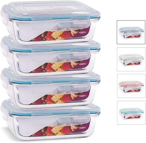 KIT 4 Potes de Vidro Retangular com Tampa Hermética 1040ml Cor:Azul (QH)