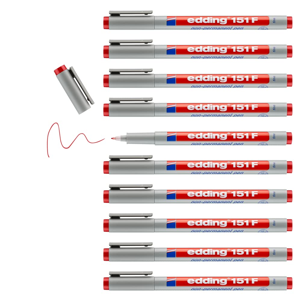 edding 151 F non-permanent pen - blue - 10 pens - round nib 0.6 mm - pen for writing on glass, plastic, foils and smooth surfaces - quick-drying, can be corrected with water