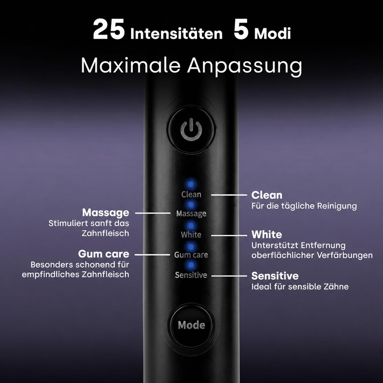 emmi Sonic Flex Schallzahnbürste – elektrische Zahnbürste mit 5 Modi & 25 Intensitätsstufen, UV-Reiseetui, kabelloses Laden & USB-C, bis zu 90 Tage Akku, inkl. 2 Aufsteckbürsten