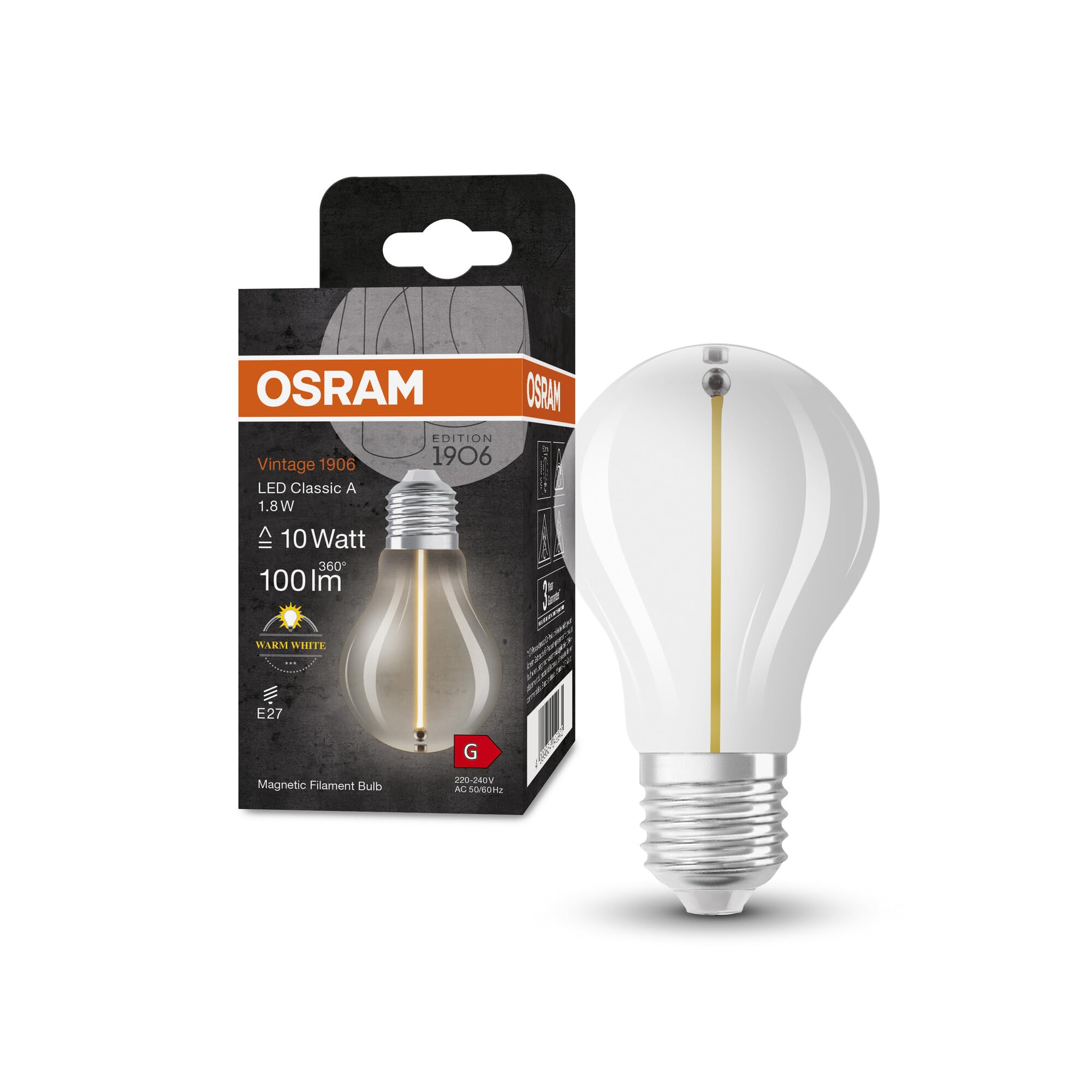 OSRAM Vintage 1906 Classic A Fil Led Lamp, E27, Classic Bulb Shape, Clear, 1.8W, 100Lm, 2700K, Warm White Light, Very Low Energy Consumption, Long Life, Magnetic Filament