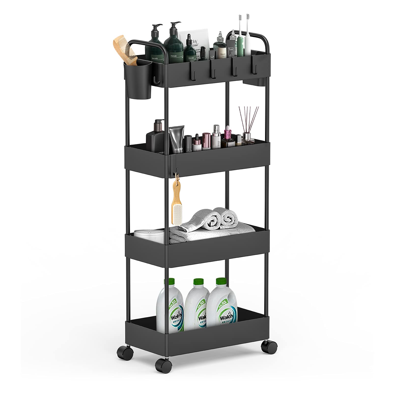 Slim Storage Cart,4 Tier Bathroom Storage Cart with Wheels & Handles,Laundry Storage Cart, Narrow Storage Cart,Storage Cart for Bathroom Kitchen Laundry Narrow Places-Black