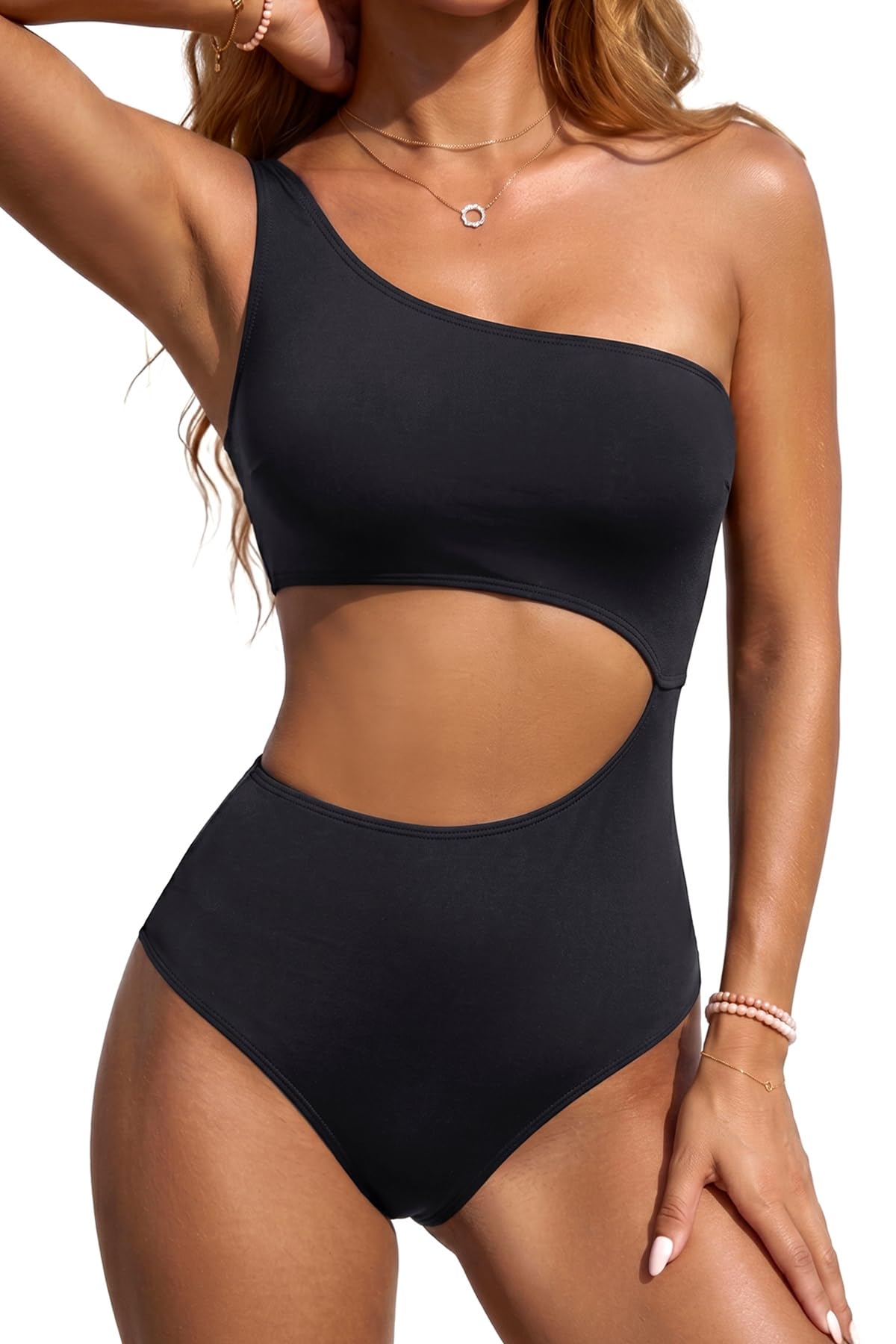 Women's One Piece Swimsuit- One Shoulder Bathing Suit Cutout Tummy Control Swimwear, Black, S