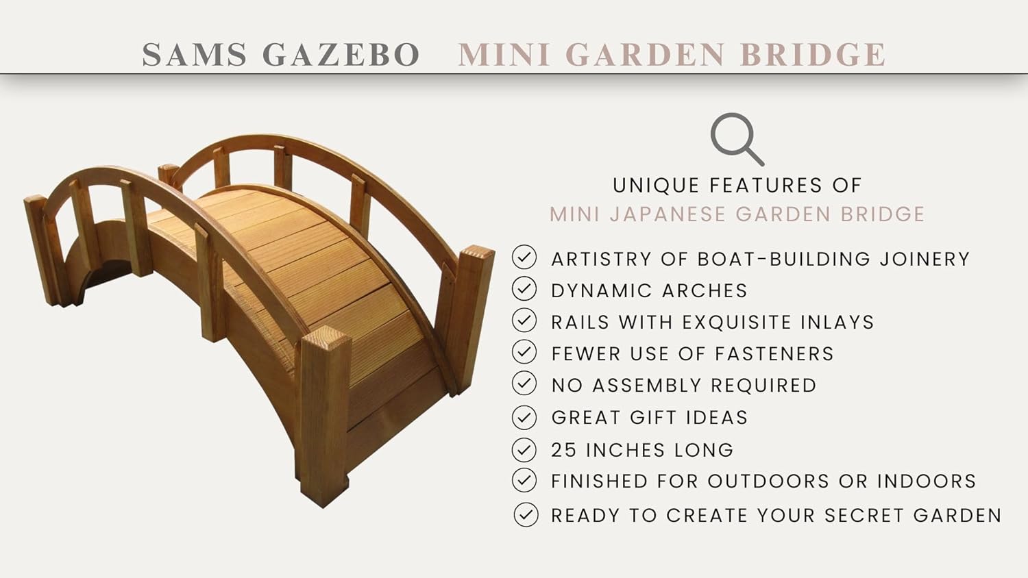 SamsGazebos Miniature Japanese Waterproofed Wood Garden Bridge, 25-Inch, Tan