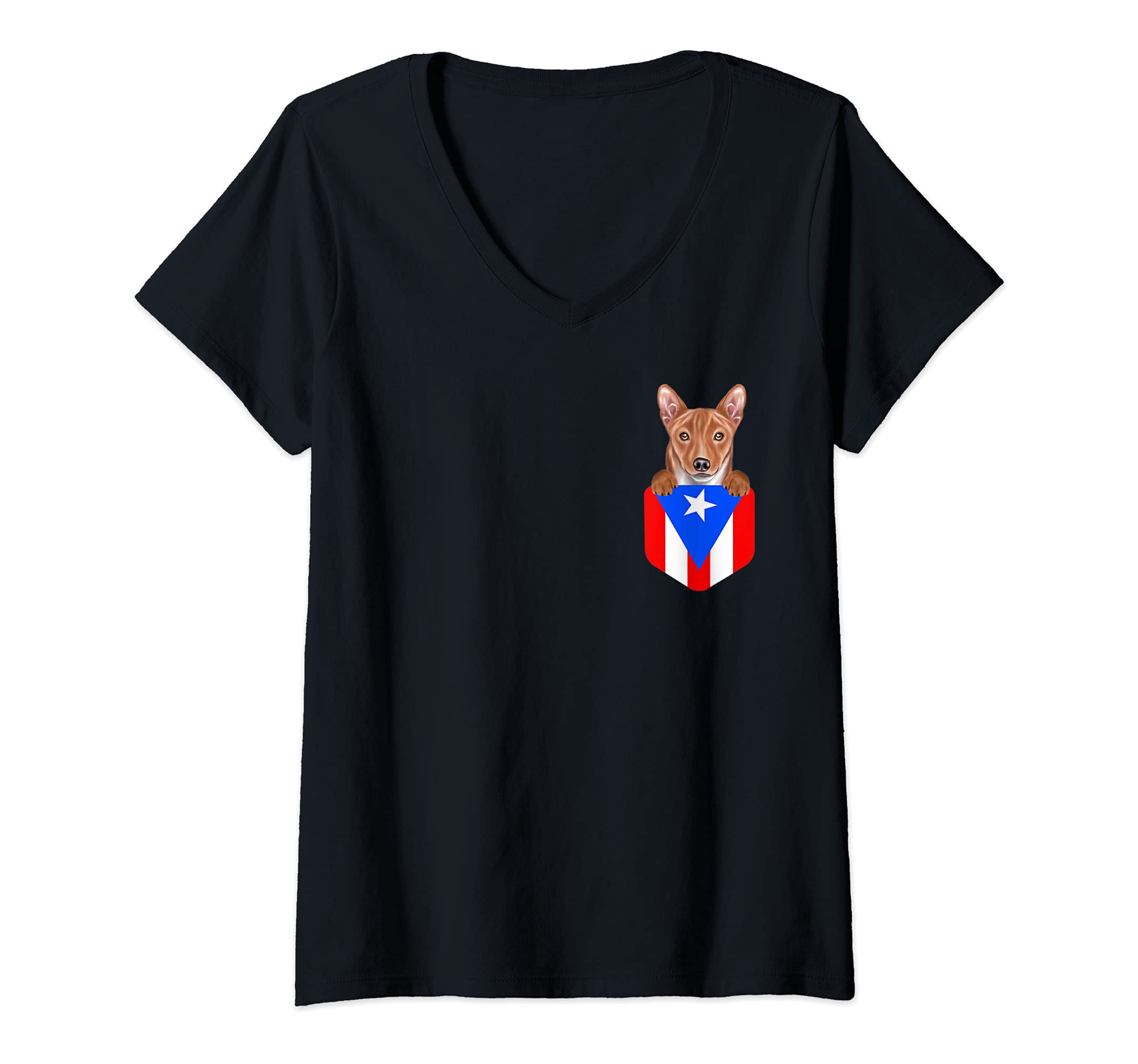 Womens Puerto Rico Flag Basenji Dog In Pocket V-Neck T-Shirt, Black