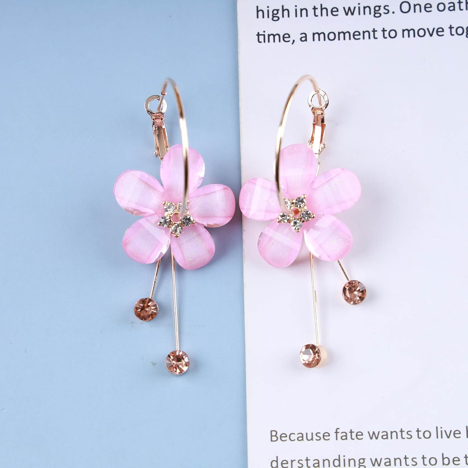 Andelaisi Boho Crystal Flower Earrings Vintage Resin Flower Earrings Acrylic Flower Large Hoop Earrings Pink Flower Petal Earrings Long Crystal Tassel Earrings Jewelry for Women - Image 4