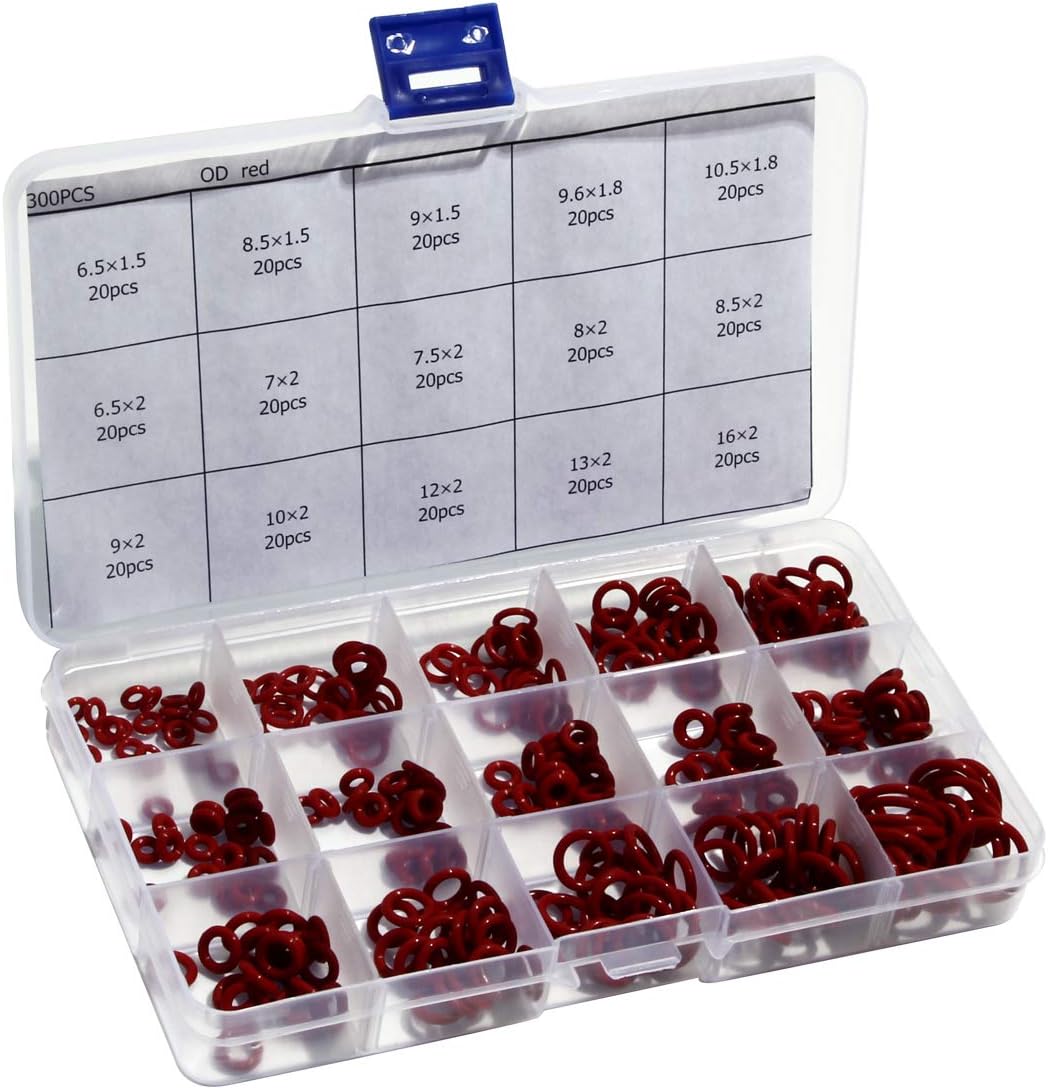 300pcs O Ring Seal Kit 15 Different Sizes Red Silicon O-ring Sealing Gasket Assortment Set with Plastic Case