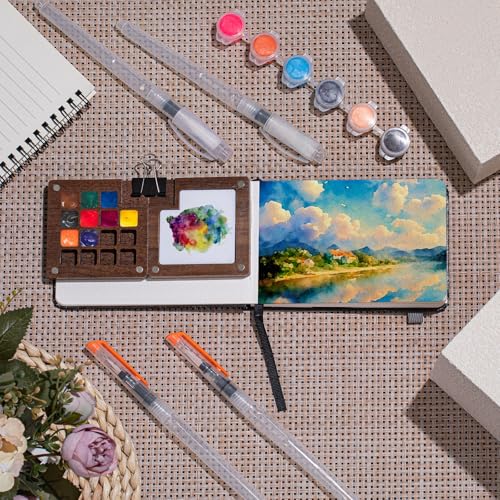 Qilery Spring Mini Portable Watercolor Palette Set Wooden Grid Paint Box, Watercolor Paper Pad Sketch Book Brush Pens with Binder Clips for Painters Artists Students(3.5 x 5.5 Inches)