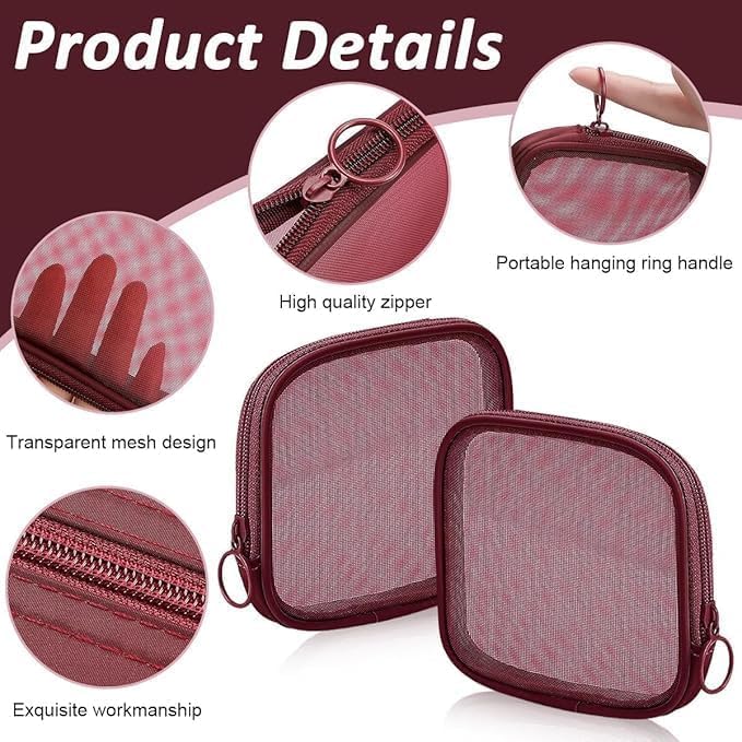 PRUVIA 4pcs Mesh Makeup Pouch Small Zipper Cosmetic Bags for Women 4.7'' Square Fashion Lipstick Pouches for Women, Nylon Mini Cash Toiletry Organizer Bag for Daily Accessories - Wine Red 2