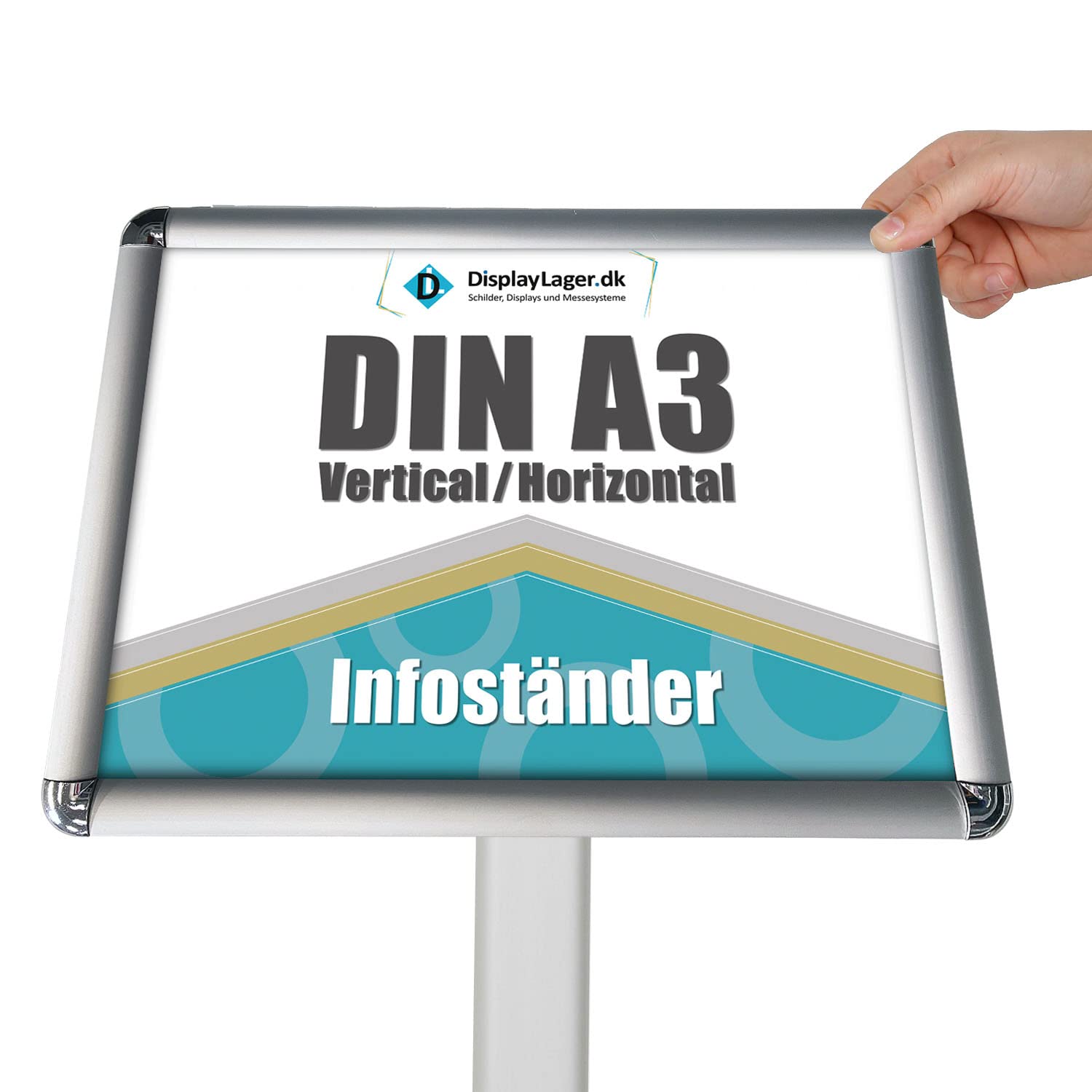 DisplayLager - EXPO Infoständer für Plakaten. Hochwertig design mit super funktionalität. Informationsständer in Rostfreie Alu Fußplatte. Infohalter für Quer/Hochformat Einsatz (A3)