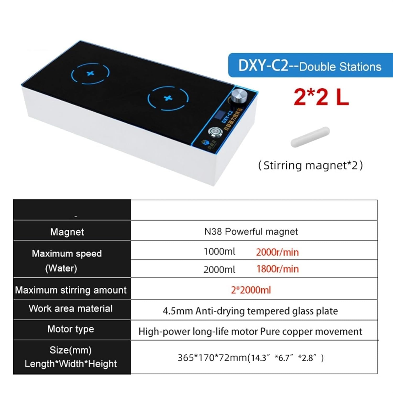 Digitaler Magnetrührer, verstellbar, 2000 U/min, kein Trockenbrennen, maximal 2000 ml x 2, ideal für Labor, Schulen und Studios