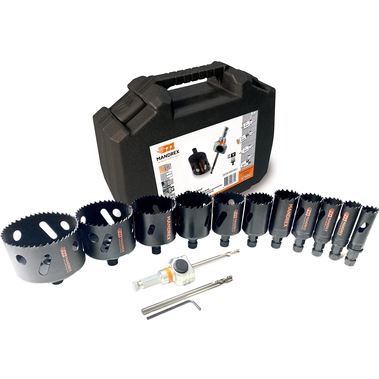 Mandrex EasyXcut 15-Piece Hole Saw Set, Bi-Metal with 45 mm Cutting Depth for Steel, Wood and PVC, Diameter 20 - 76 mm