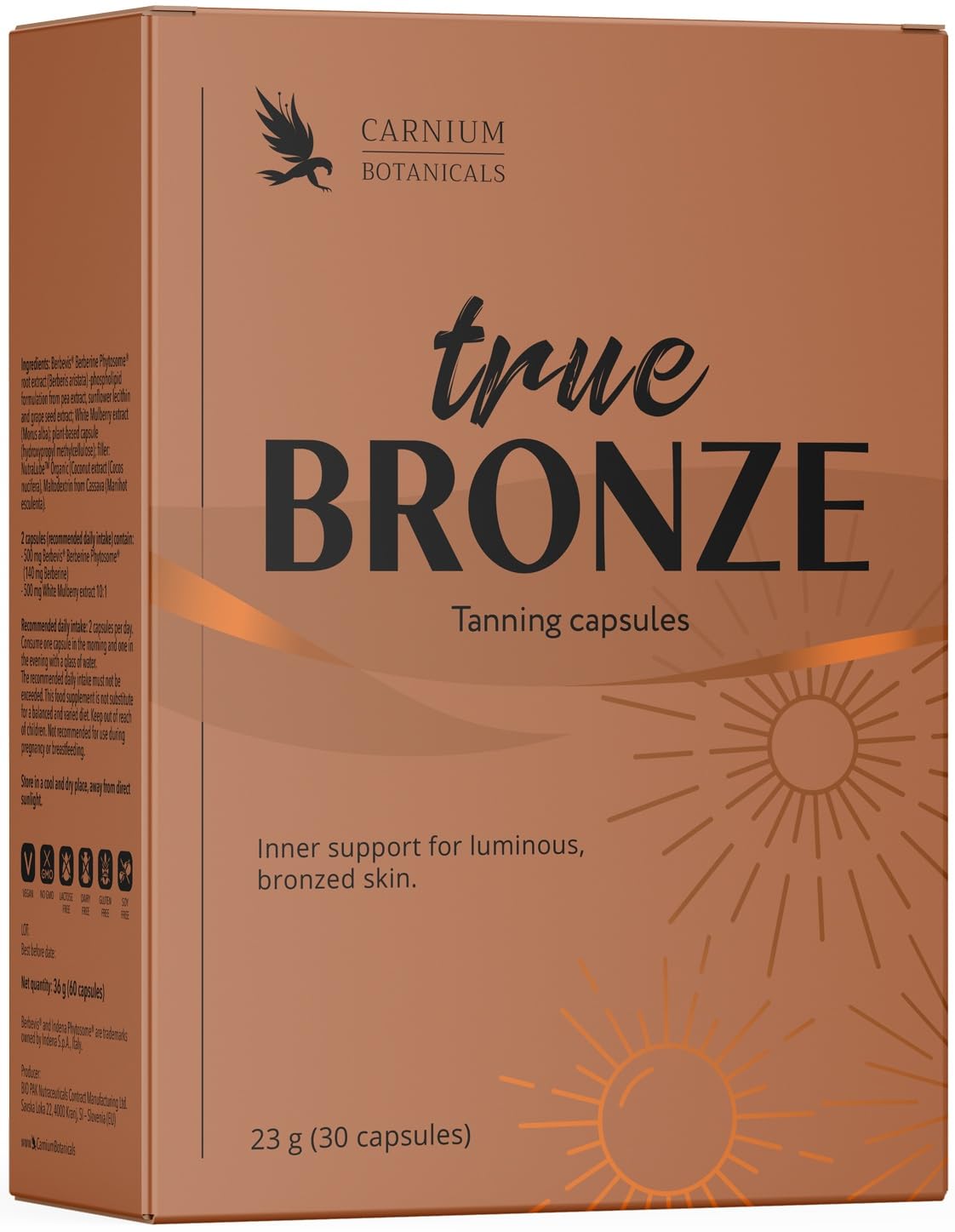 Carnium Botanicals True BRONZE – Bräunungskapseln, 30 Stück | Astaxanthin, Beta-Carotin, Vitamin A, Für Haut & Teint, Carotin Kapseln
