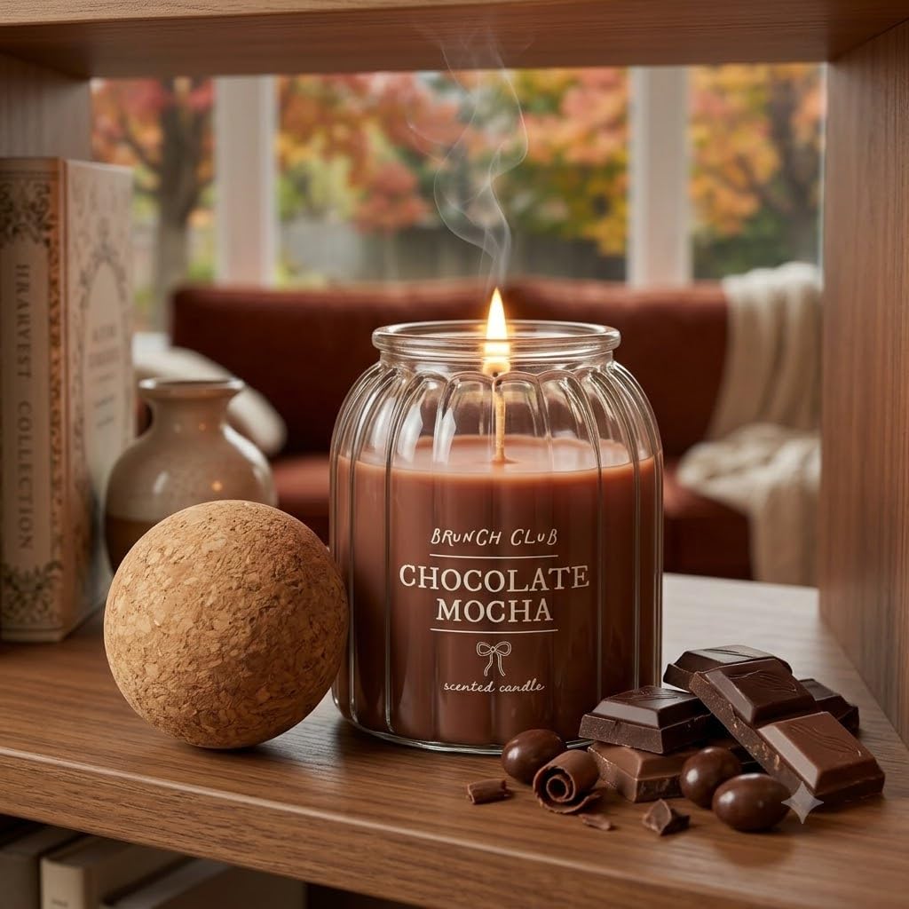 Candle Scented Chocolate Mocha Candle Long Burning Candles Upto 200 Hours Decorative Ribbed Glass Jar with Cork Bal Lid for Long Lasting Fragrance Chocolate Lovers