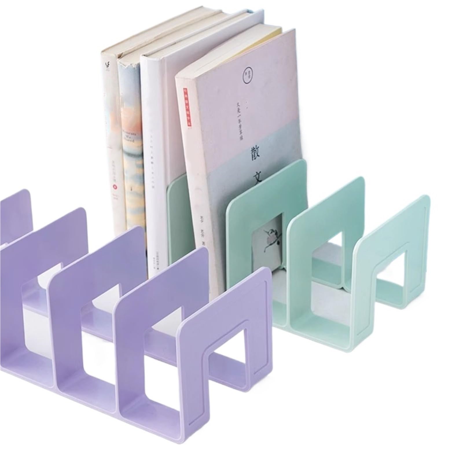 Bookends 4 Grid Bookends Stand Bookshelf Desktop Decor Storage Rack Bookend Book Holder Stationery Office File Organizer(PURPLE)