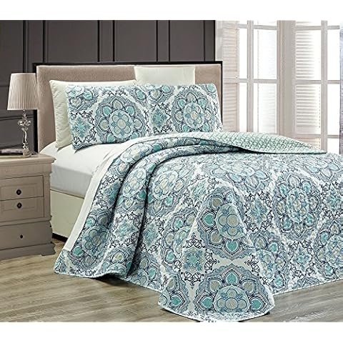 Mk Collection 3pc King Oversize Reversible Quilted Bedspread Set Floral Light Blue White Gray Navy Blue New Cover