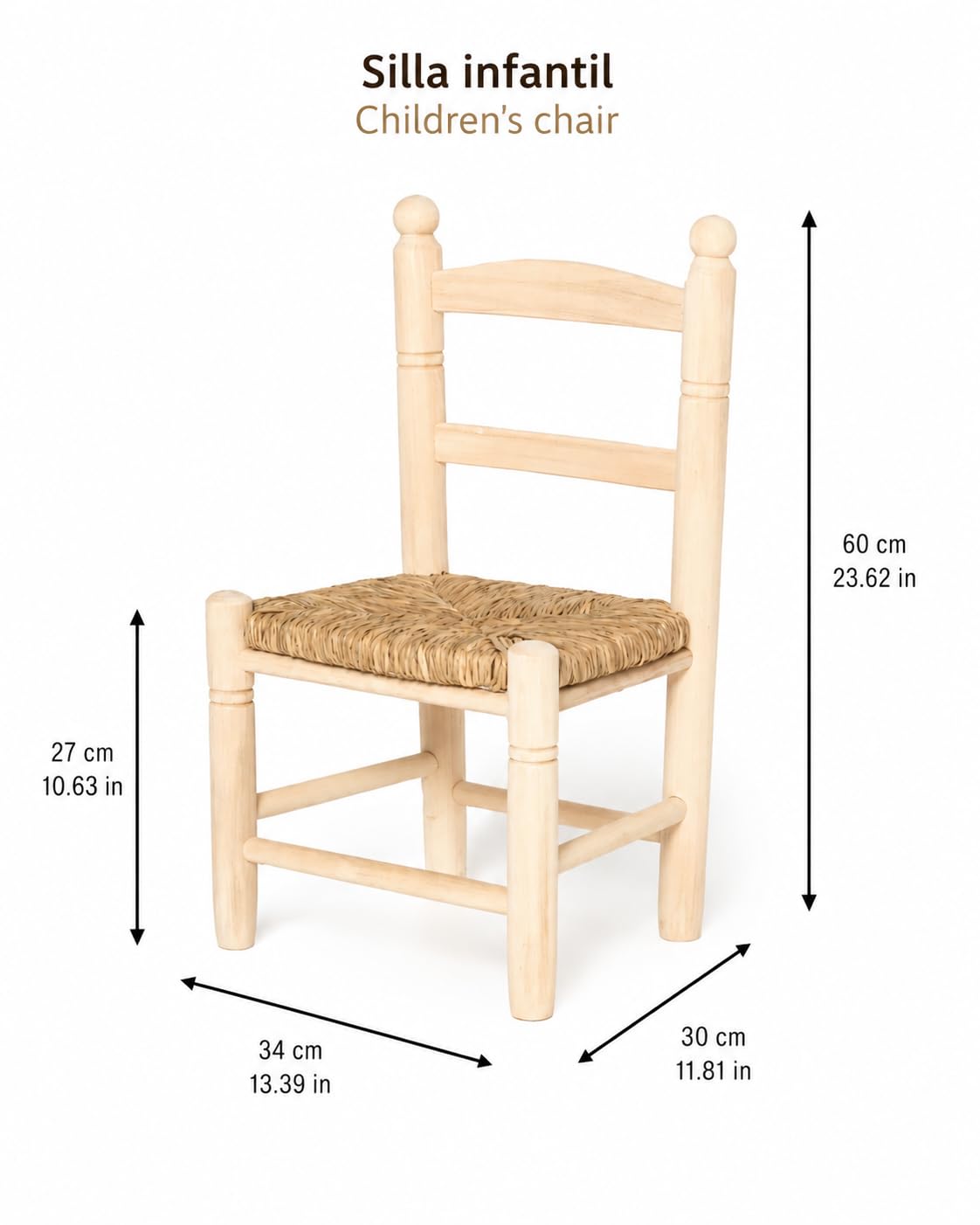 Greca Kindersitz natürliches Holz, Farbe. Abmessungen: 35 * 27 * 60 cm.