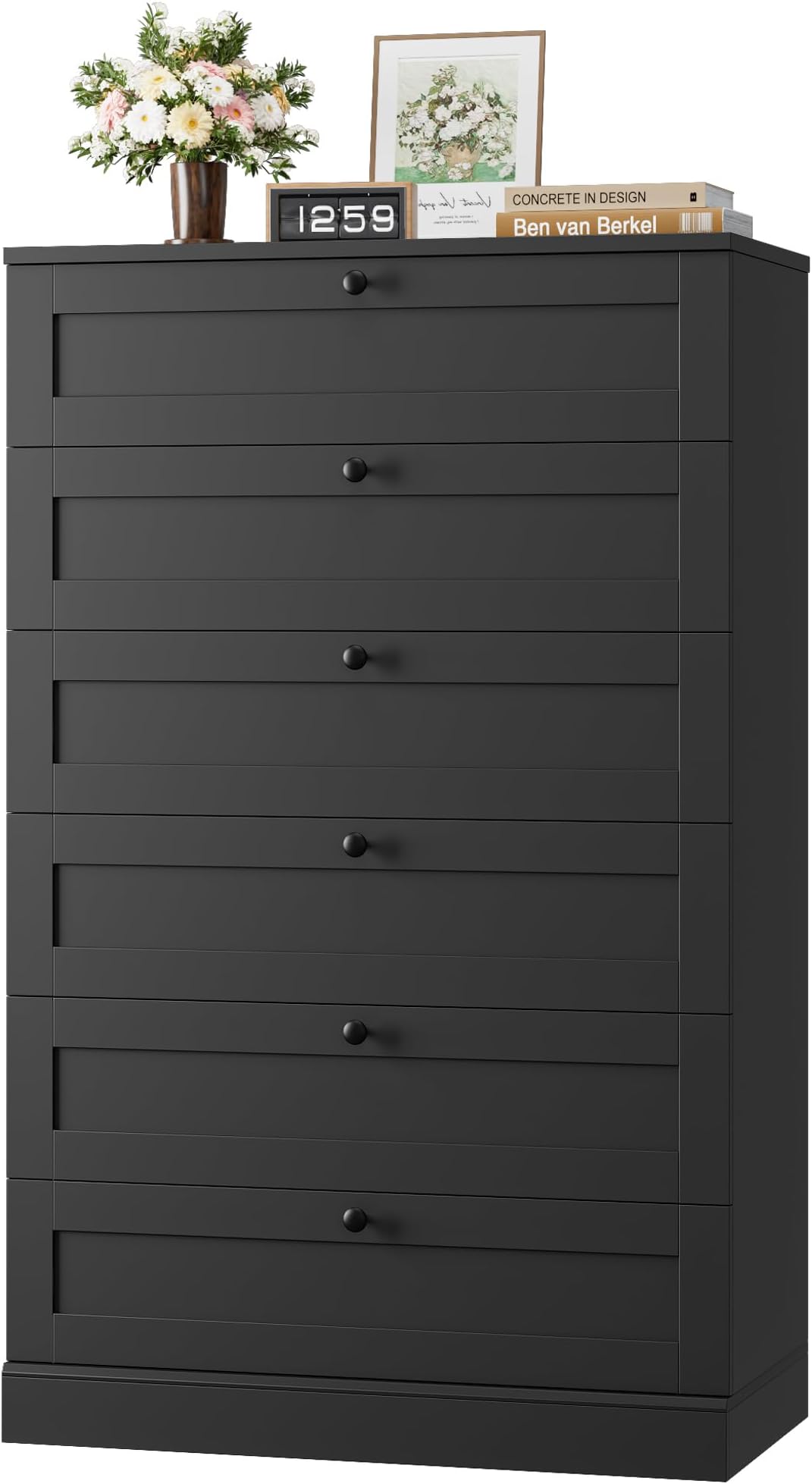 HOSTACK 6 Drawer Dresser for Bedroom, 52" Tall Dresser & Chest of Drawers, 29" W Wood Drawer Chest, Modern Vertical Storage Cabinet for Living Room, Entryway, Hallway, Black