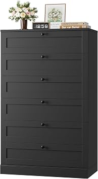 HOSTACK 6 Drawer Dresser for Bedroom, 52" Tall Dresser & Chest of Drawers, 29" W Wood Drawer Chest, Modern Vertical Storage Cabinet for Living Room, Entryway, Hallway, Black