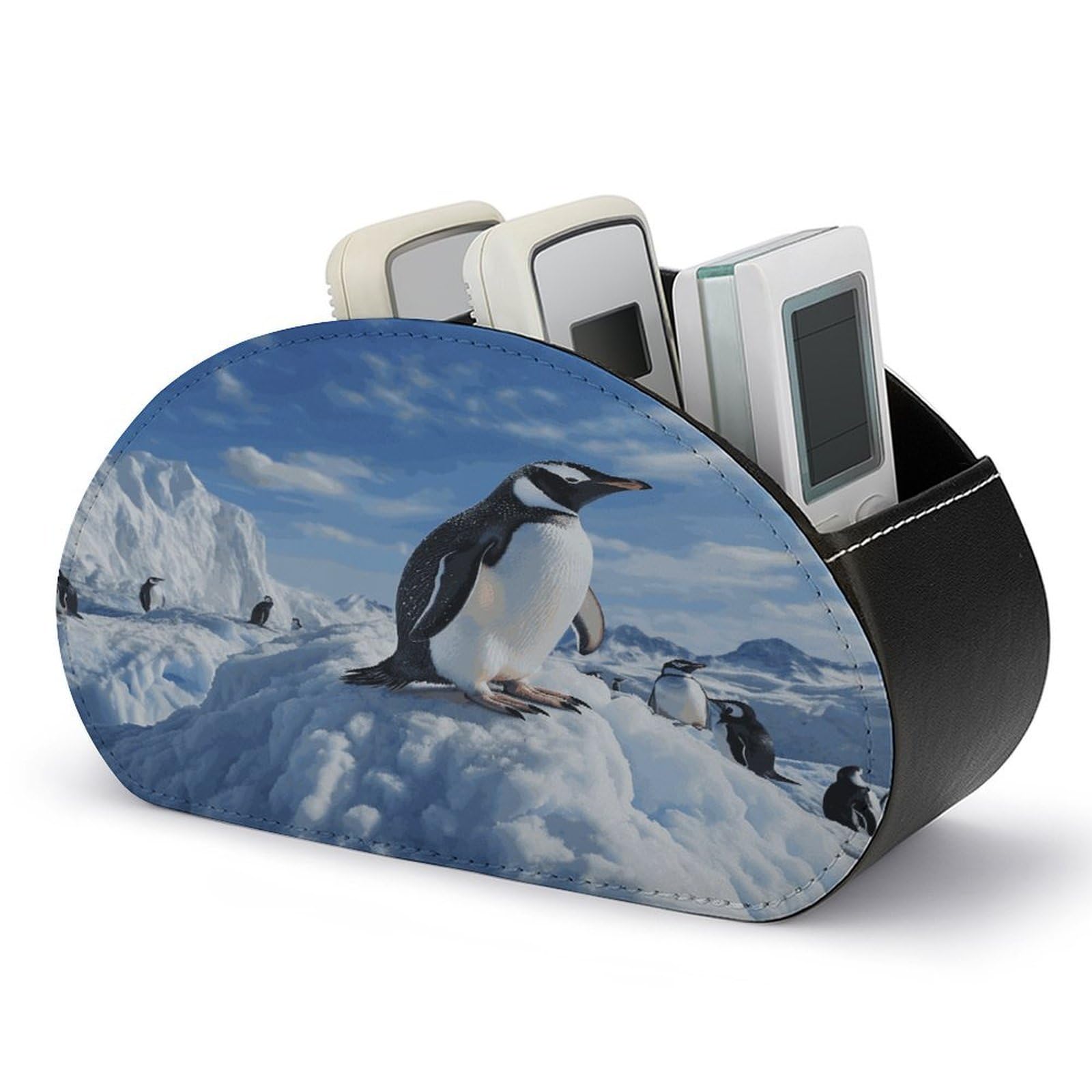 FekiLoot Snow Mountain Penguin Remote Control Holder with 5 Compartments Multi-functional TV Remote Caddy Organizer Leather TV Remote Holder Desktop Organizer Store for Bedside Table Office Desk