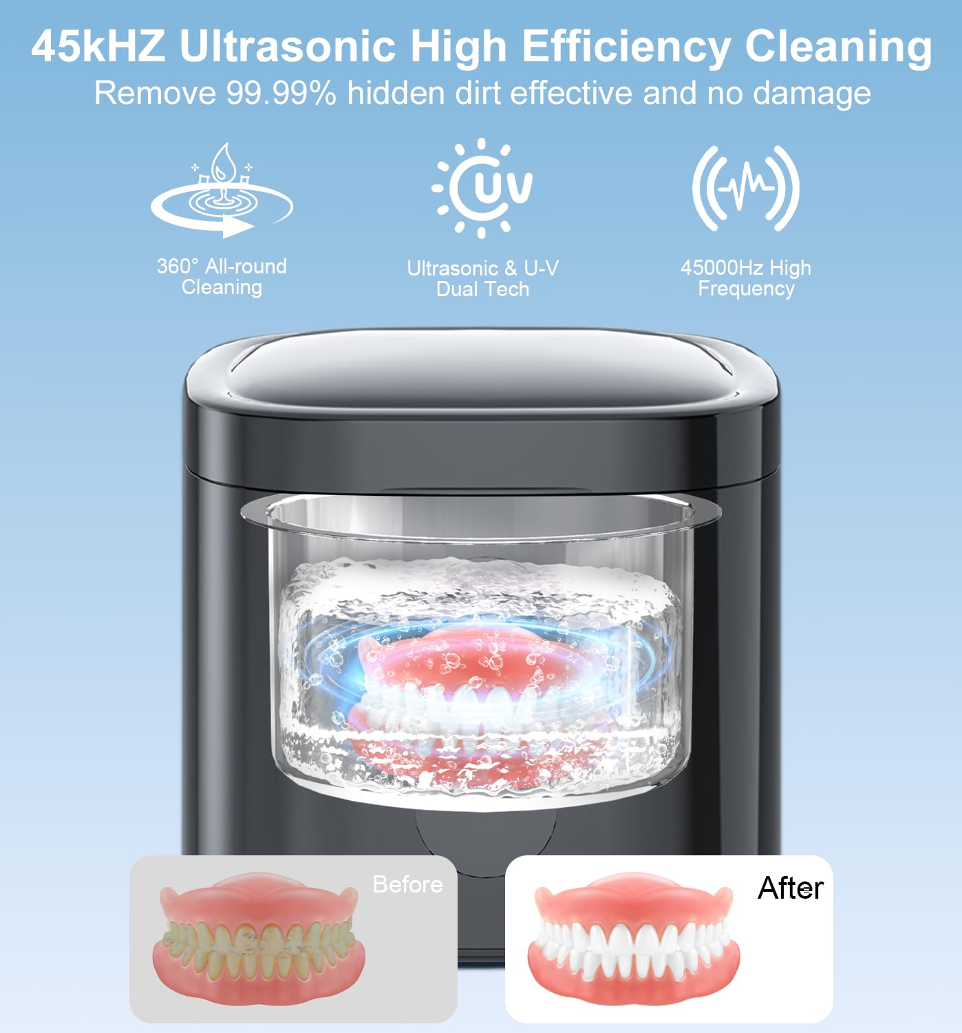 Nettoyeur à ultrasons amélioré, nettoyeur de prothèses dentaires 45 kHz avec minuterie numérique, nettoyeur à ultrasons de 200 ml pour appareils dentaires, garde-nuit, aligneur, brosse à dents, bijoux