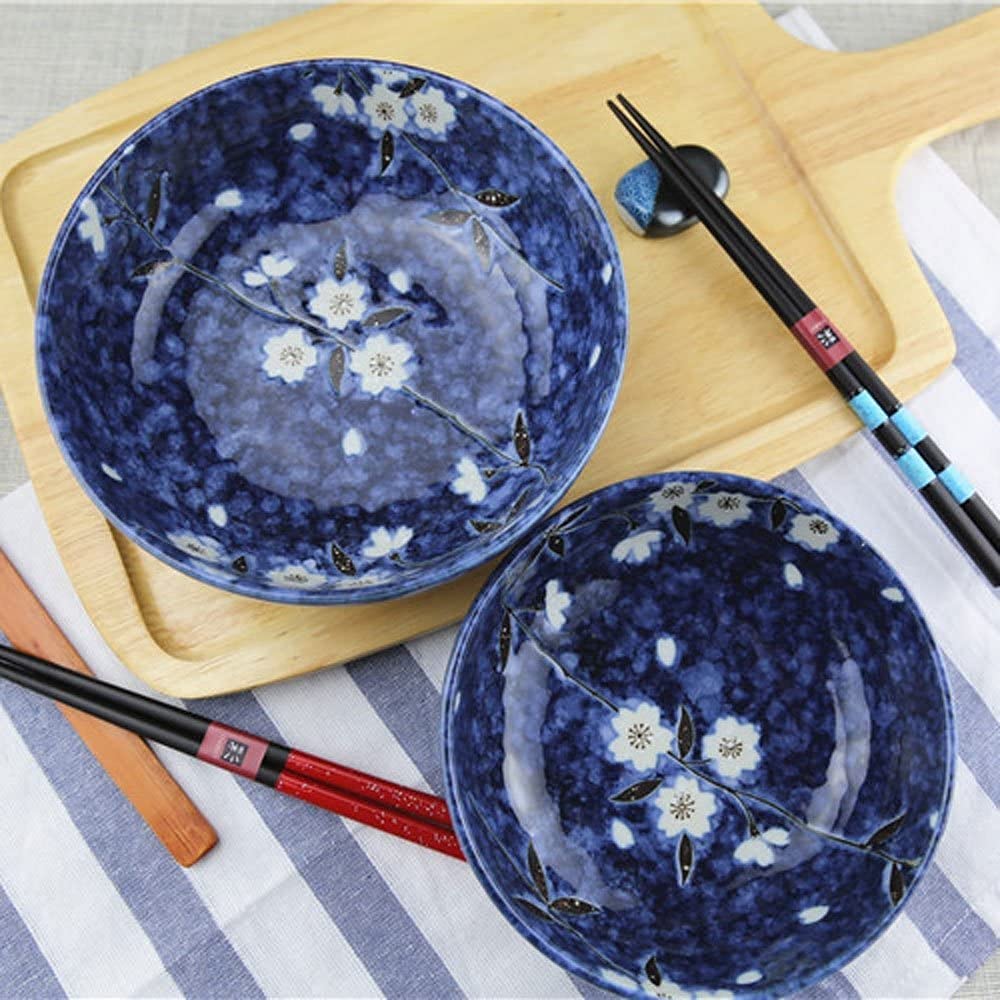 ERoomQ Pasta Bowls Soup Ramen Noodle Bowl Fruit Salad Pasta Mixing Serving Bowl Creative Hand-Painted Blossoms Ceramic Tableware 8 Inches Blue,