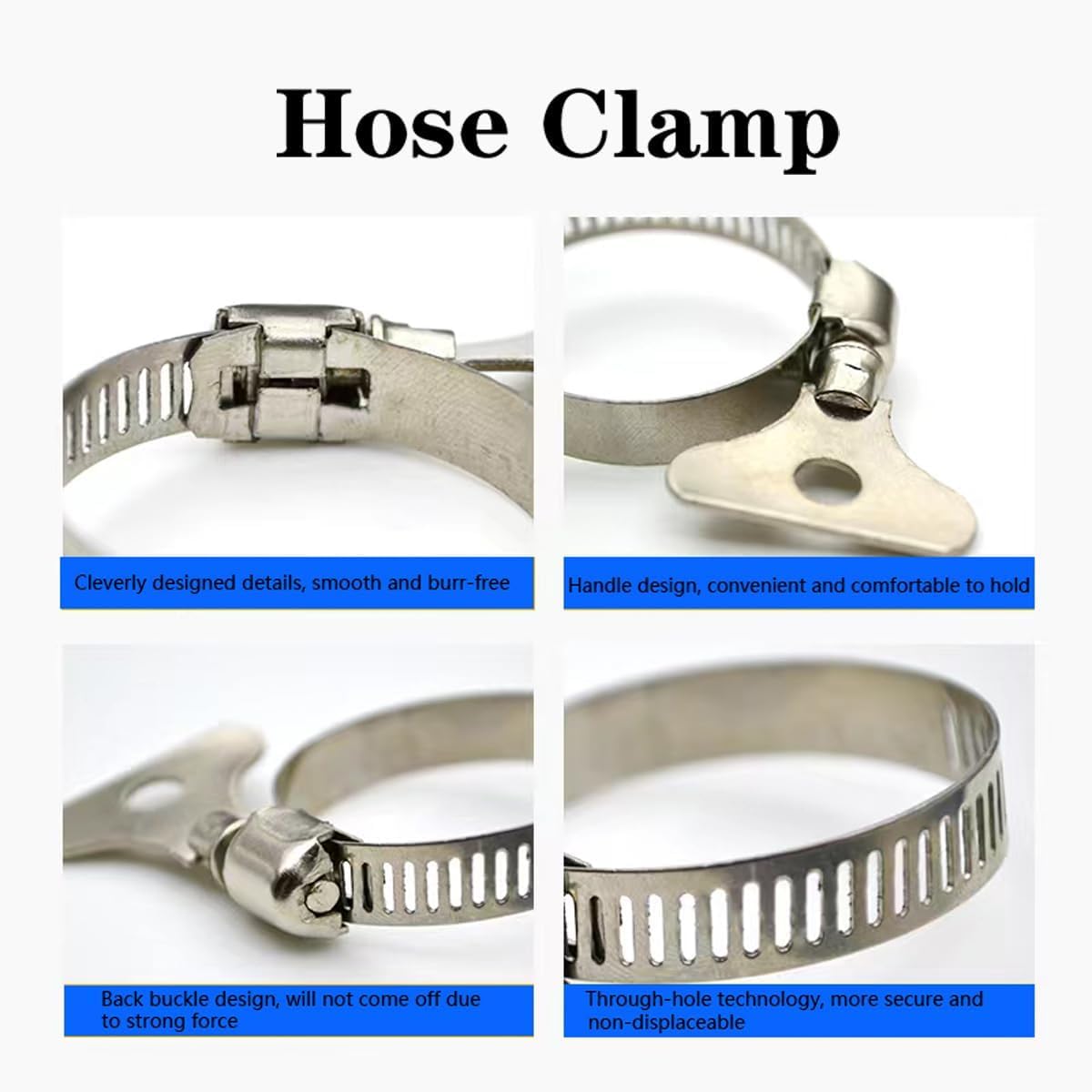 QINALO 10-Pack 304 Stainless Steel Hose Clamps - Adjustable Thumb Screw, 8mm Band, Size 13-19mm (1/2"-3/4")