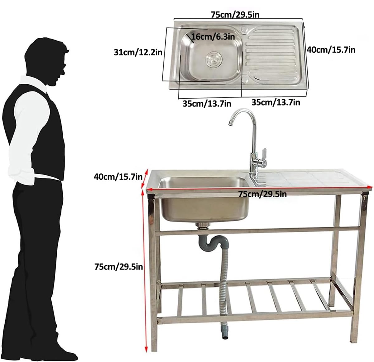 Fregadero de acero inoxidable 304, fregadero pequeño independiente con grifo y patas de banco de trabajo, fregaderos comerciales de un solo recipiente para garaje, restaurante, lavandería
