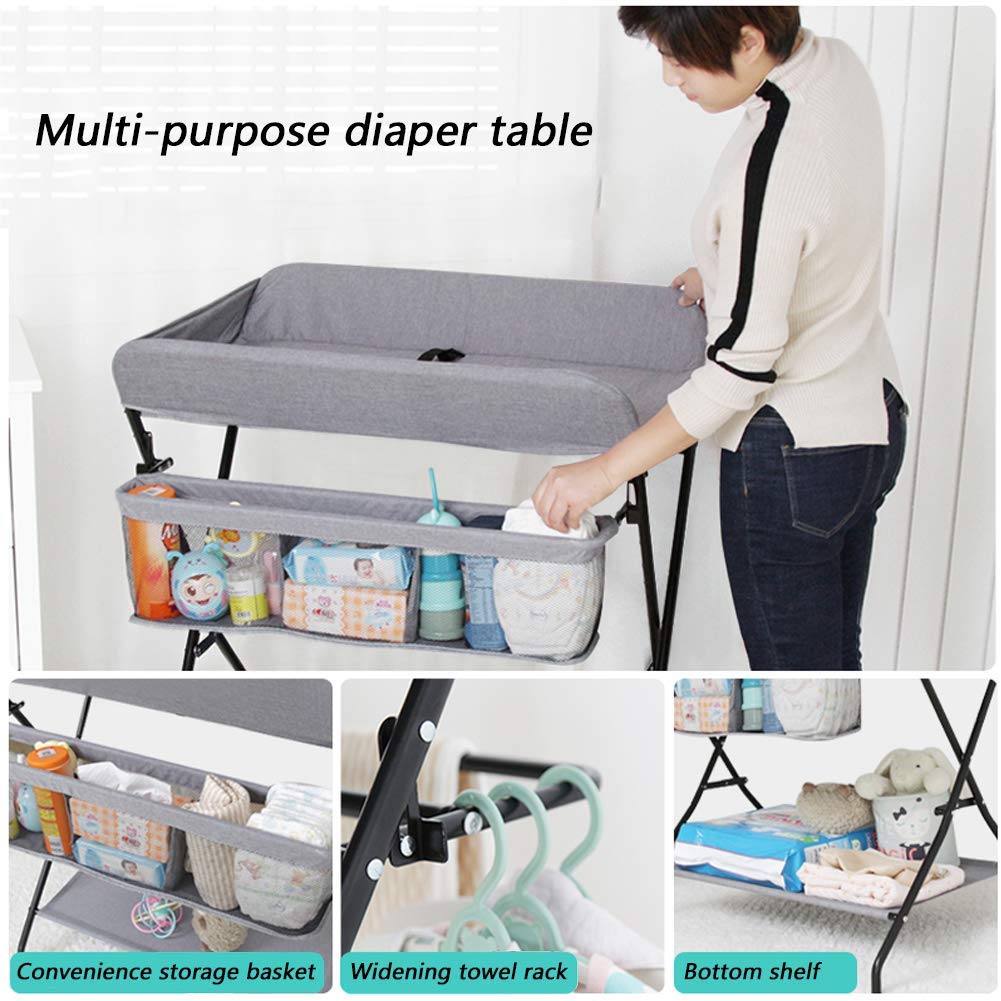 Fasciatoio Baby Care Station, Lettino Pieghevole per Massaggi Neonato, Organizer per Asilo Nido con Gambe Incrociate Stile Grigio