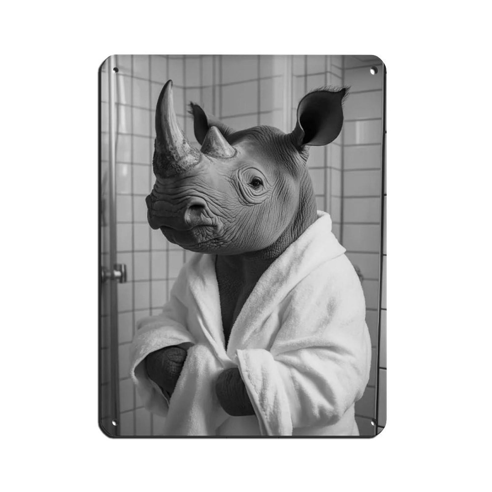 Rhino in A Bathrobe, Funny Bathroom Art Retro Poster Metal Tin Sign Chic Art Retro Iron Painting Bar People Cave Cafe Family Garage Poster Wall Decoration 12x16inch(30x40cm)