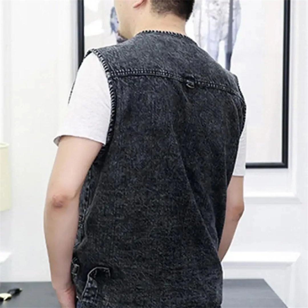 Gilet da uomo in denim di cotone solido Multi-tasca sciolto giacca senza maniche maschio escursionismo pesca gilet da viaggio Plus Size