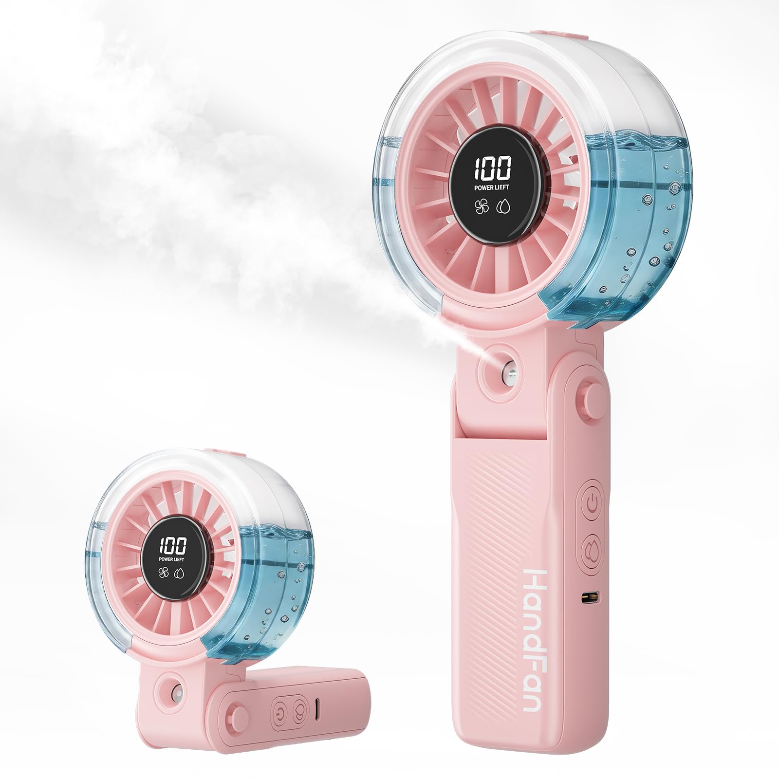 HandFan 4000mAh Handheld Turbo Misting Fan, 100 levels Adjustable Portable Mister Fan, Spray Water Mist Fans, Foldable Electric Mini Hand Fans for Summer Beach Travel Concerts Disney(Pink)