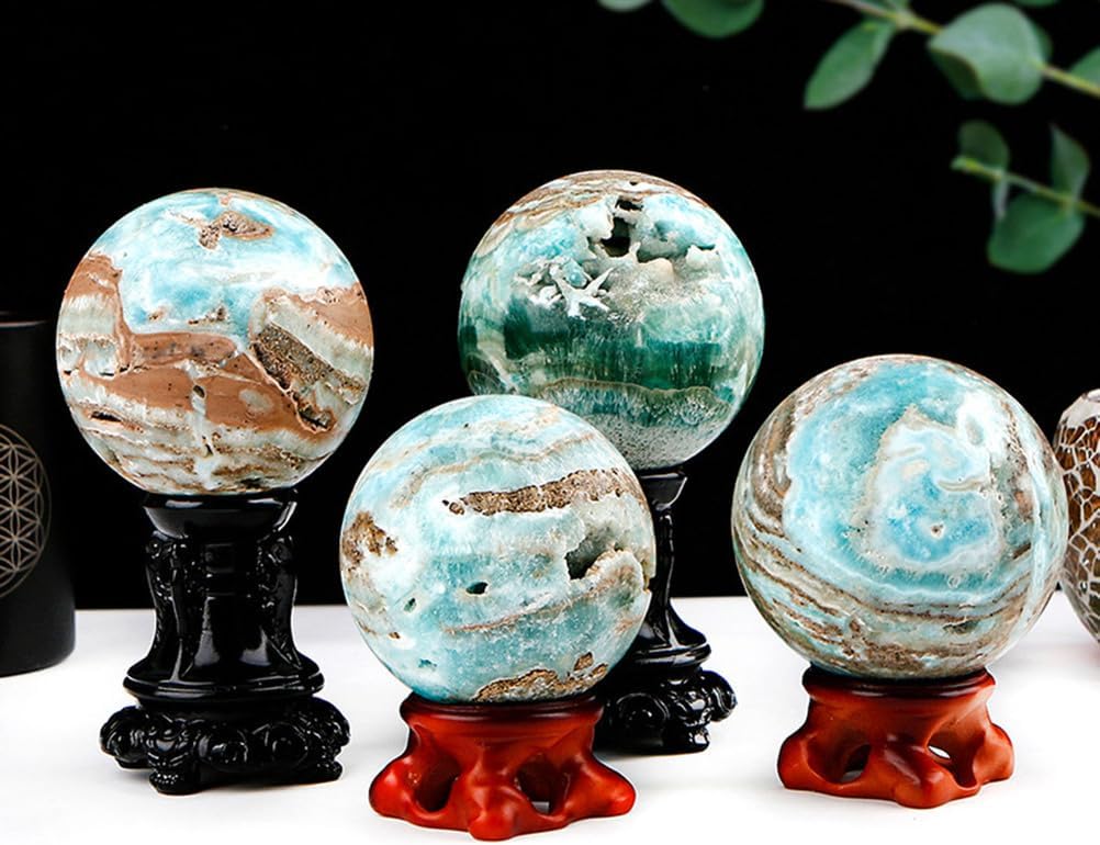 Blue Hemimorphite Stone Crystal Ball Ornament with Stand, Blue Pattern Sphere for, Home & Office Feng Shui Decor,70~80mm
