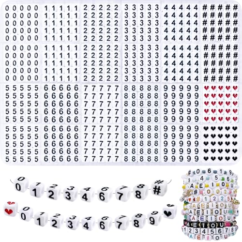 MIIIM 840 Pcs Serif Number Beads for Bracelets 6x6mm Large Hole Square Number Beads 0-9 for Knitting Crochet Phone Digits Keychains with Symbols and Charms (White Black)