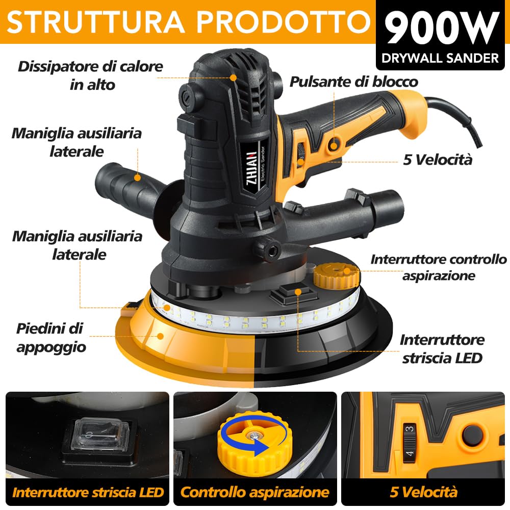 Levigatrice Per Muro 900W,Levigatrice a Secco1400-2700RPM,trasmissione a 5 velocità,Luce LED, Aspirazione Polvere Automatica,Tubo Flessibile e 12 Dischi di Levigatura,Smerigliatrice da parete