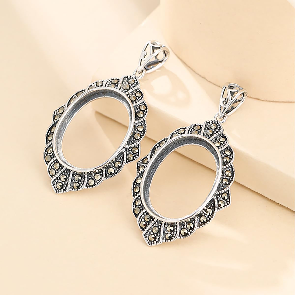 Thai Sterling Silver Pendant Base Blank fit 8X10/10X14/12X16/13X18mm Oval Cabochon Mounting Setting Open Back Bezel Frame Tray DIY Jewelry Craft