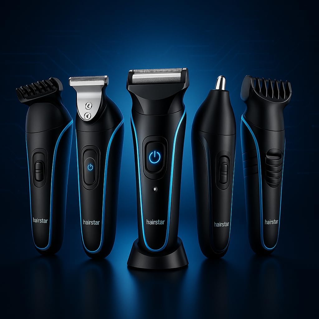 Kit Barbeador Elétrico 5 em 1 | Aparador de Barba, Cabelo, Nariz e Ouvido | Lâmina Dupla Titanium | Bivolt Recarregável USB | Turbo Power