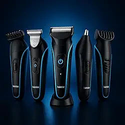 Kit Barbeador Elétrico 5 em 1 | Aparador de Barba, Cabelo, Nariz e Ouvido | Lâmina Dupla Titanium | Bivolt Recarregável USB | Turbo Power