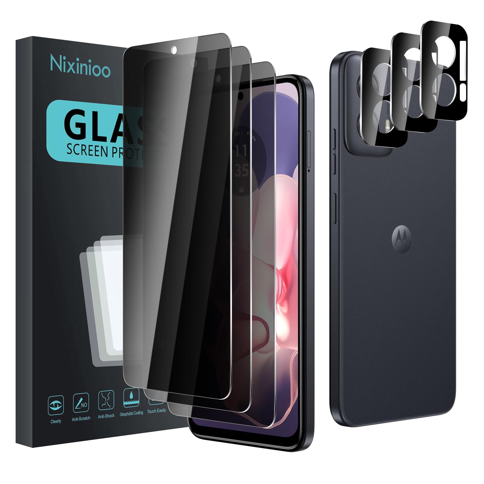 3-pak ochraniaczy ekranu do Motorola Moto G Power 5G 2024 z 3 osłonami obiektywu aparatu, folia ze szkła hartowanego Anti Spy, twardość 9H, czarna osłona, odporna na zarysowania, bez