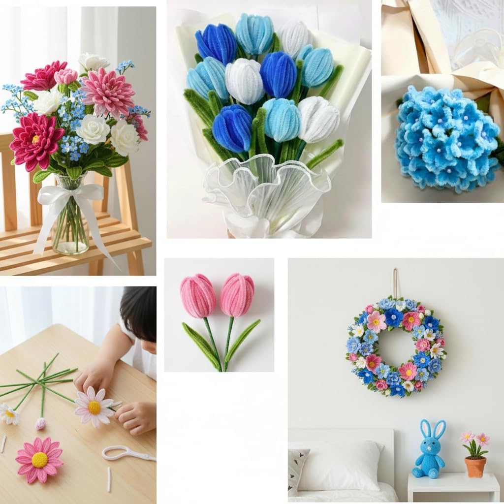480 Pcs Pipe Cleaners for Flower Making, Multi-Colored Chenille Stems - Complete Arts and Crafts Supplies Kit for DIY Flowers, Home Decor, Kids and Adult Art Projects (Blue)