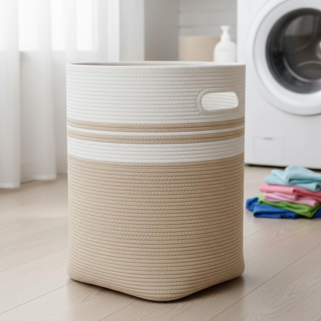 ANITRAD COLLECTIONS Rectangular Shaped Laundry Basket Hamper Without Lid 30L | Jute Cotton Cloth Storage Bin with Handles | Foldable & Stylish Laundry Organiser for Toys & Clothes | White & Brown-picture-15