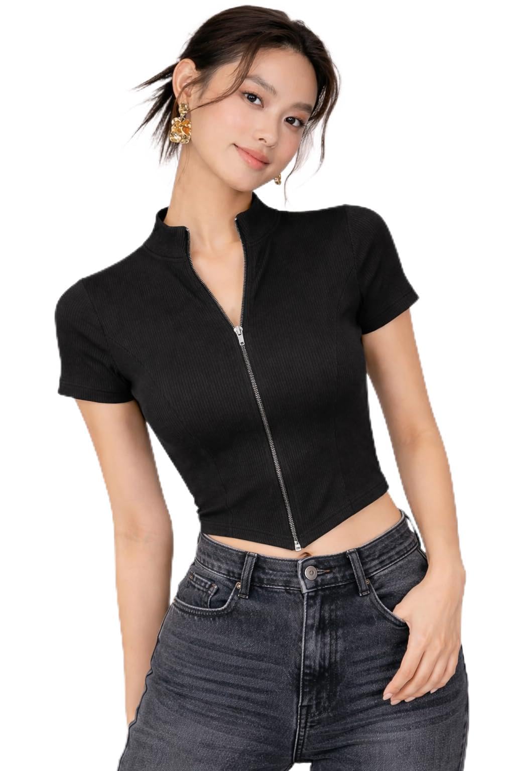 Women's Ribbed Zip-Up Crop Top, Short Sleeve Mock Neck Fitted Stretch Top, Casual Basic Summer Tee-image-4