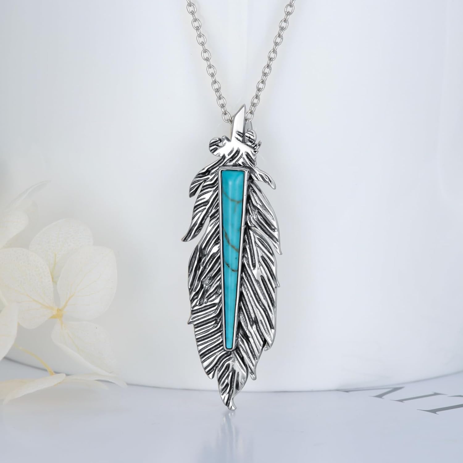 Turquoise Feather Necklace 925 Sterling Silver Genuine Turquoise Vertical Feather Pendant Western Bohemian Animal Jewelry Gifts for Women - Image 3