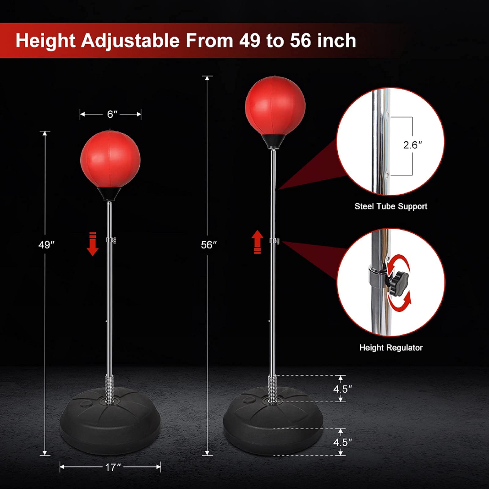Dripex Fitness Boxsack Punchingball Set Boxtraining Höhenverstellbarer Standbox Speed-Ball Standboxball mit Boxhandschuhen (Rot)