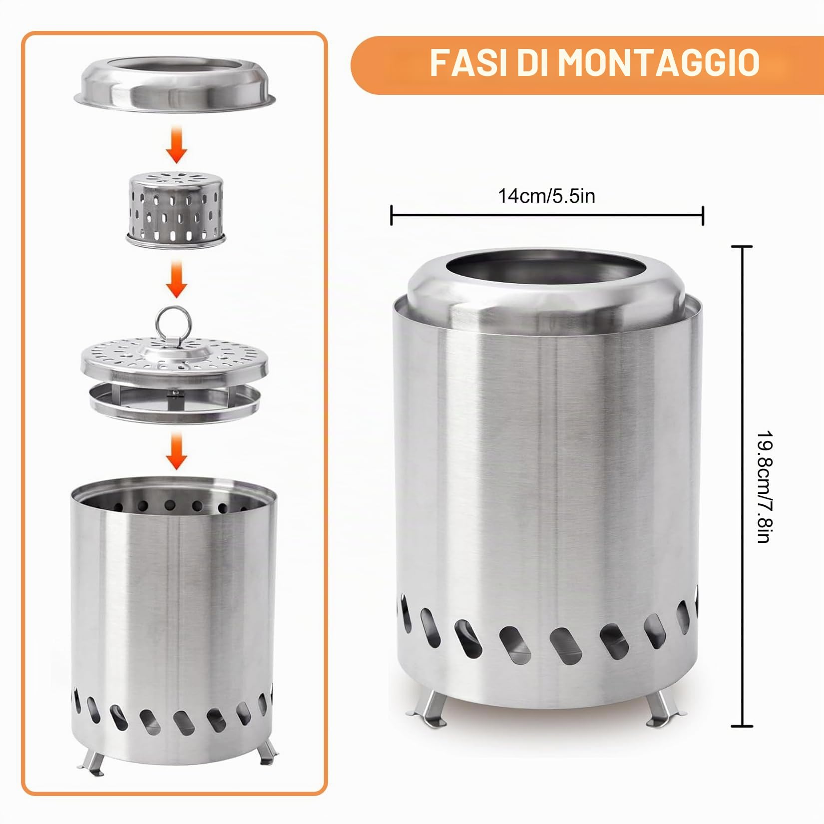 Mini Braciere Senza Fumo Braciere Piccolo Fornello Da Campeggio Per Esterni In Acciaio Inossidabile Braciere Portatile Per Legna (14 cm ⊘* 20 cm H)